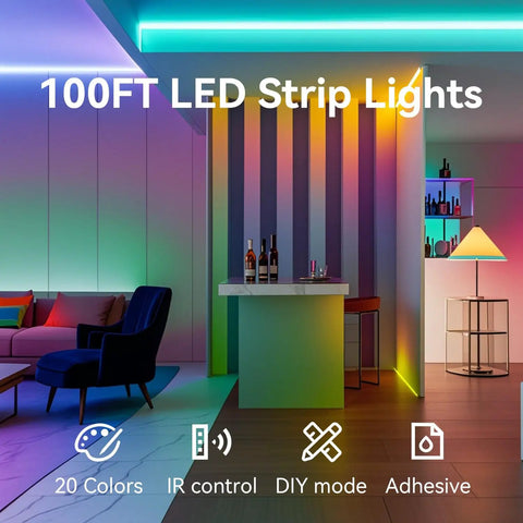 Ultra Long 100 Ft Color Changing LED Strip Lights For Bedroom illuminating a modern living room with vivid colors