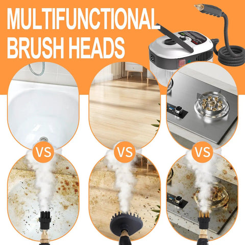 Image showcasing Badass 2500W Handheld Steam Cleaner Portable High Pressure Steam Washer with various brush heads for cleaning.
