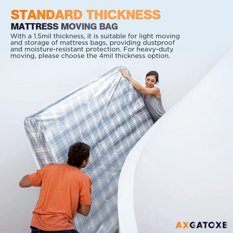 Couple moving queen mattress in Waterproof Queen Size Mattress Bag for Moving and Storage, 1.5 Mil Tear-Resistant Protector.