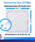 MERV 8 Pleated Air Filter 19.5 x 23.5 x 1 Inches 5 Pack For Your AC And Furnace Dust And Allergy Control Made In USA Electrostatic Filtration Actual Size 19.5 x 23.5 x.75 with dimensions chart