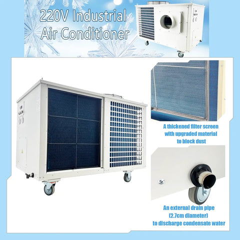 Badass 220V Three Phase Industrial Portable Air Conditioner With Crushingly Cold 51100 BTUH Cooling And Massive 6000W Airflow To Keep Warehouses Shops SweatFree Indoors, showing thickened filter screen and drain pipe.