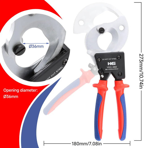 Rock Solid Ratchet Cable Wire Cutter For Snipping Thick Electrical Aluminum Copper And Multi Core Wires Up To 300 Square Millimeters with Ø36mm opening.