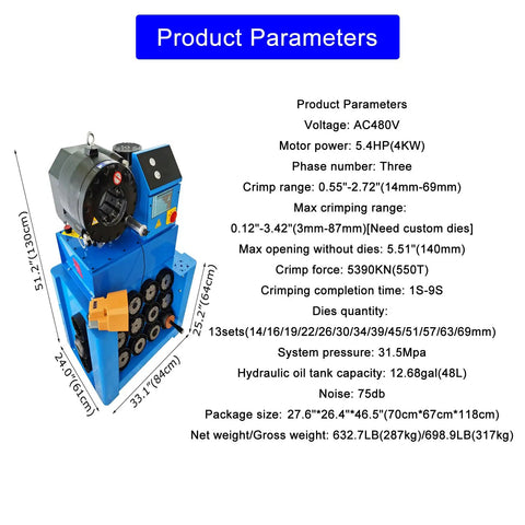 Technical specifications of Heavy Duty Electric Vertical Hose Crimper With 13 Tough As Nails Dies And Effortless Foot Pedal Control 480V.