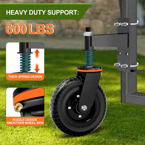 Heavy Duty 8 Inch Fence Gate Wheels Set for Metal Tube Gates and Wooden Fences with spring-loaded caster attached to gate