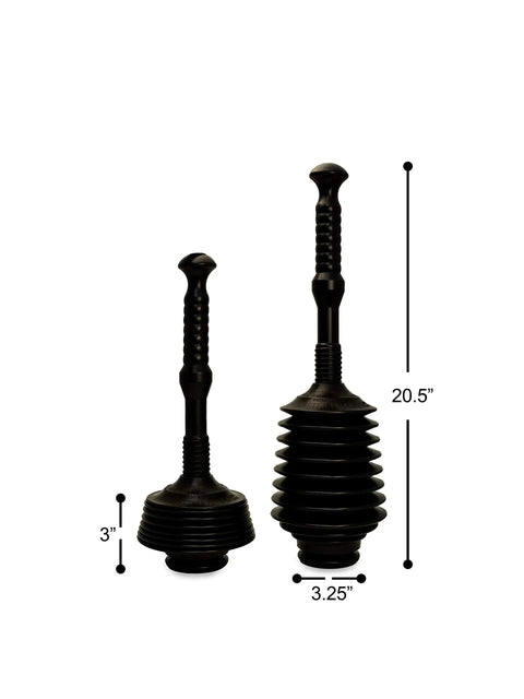 Heavy Duty Toilet Plunger MP1003 with Patented Automatic Air Relief Valve, two sizes, black in color, on white background