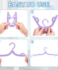 Hands folding and unfolding a purple hanger, showing steps for "10 Pack Travel Hangers for Cruises and Trips, Portable Folding Clothes Hangers."