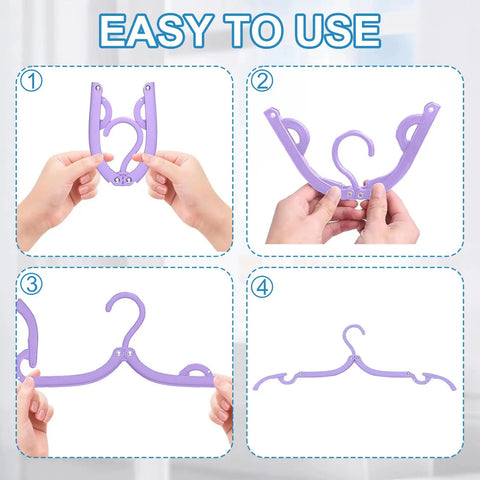 Hands folding and unfolding a purple hanger, showing steps for "10 Pack Travel Hangers for Cruises and Trips, Portable Folding Clothes Hangers."