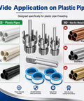 Wide application of Pro Grade Pvc Pipe Threading Tool With 1 2 3 4 And 1 Inch Die Heads shown with PVC, CPVC, and ABS pipe types.