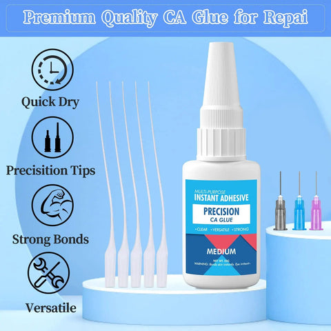 Pro Grade Medium CA Glue For Metal And Stone Quick Dry Adhesive With Microtip Applicators For Jewelry Making, Repairs, Ceramics, And Hobby Crafts Great For Tight Spots And Quick Sets, Dries Fast For Speedy Projects bottle with tips