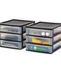 Stacking Desk Top 3 Drawer Storage Organizer, 2 Pack, black frame with clear drawers, for various supplies, shown filled with items
