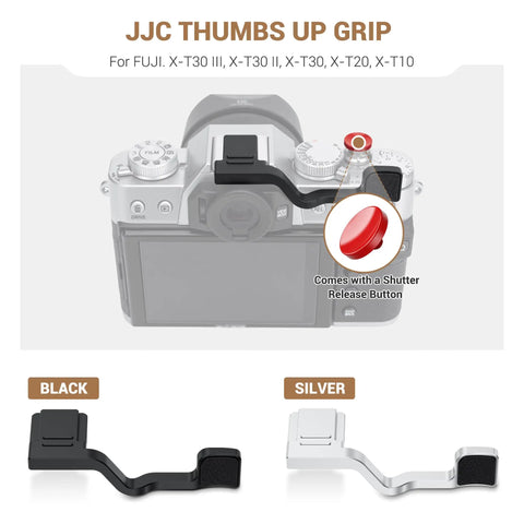 XT30III Pro Thumb Grip With Shutter Button For XT30II XT20 XT10 Mirrorless Cameras shown in black and silver, with camera mount.