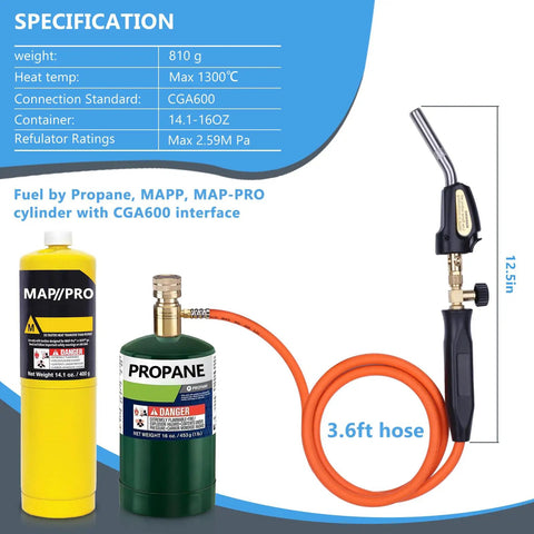 Pro Grade Propane Torch Hose Kit With 3.6 Foot Hose, MAP Gas Torch Kit With Trigger Start And Adjustable Heat Up To 3600F