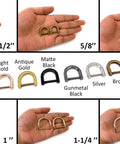 Variety of D rings in different sizes and finishes, including 4 Pack Heavy Duty D Rings Screw In Shackle One And A Half Inch Matte Black U Shape Replacement D Ring For Purse Keychain Dog Collar Premium Zinc Alloy Construction For Extra Durability And Everyday Rugged Use on a hand.
