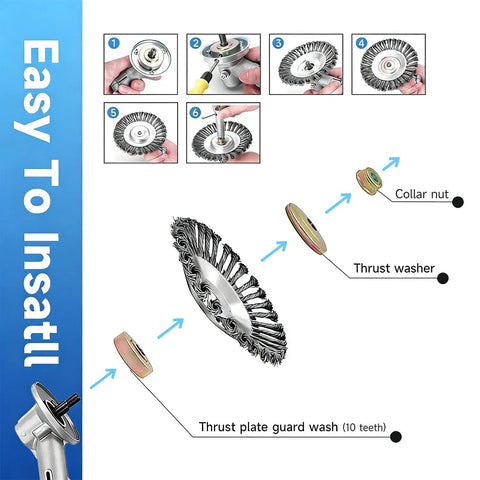 10-Inch Universal Weed Brush Cutter Head assembly instructions with thrust washer, collar nut, and plate guard wash.