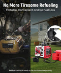 12V DC Gasoline Fuel Pump With Auto Sensor For Generators, illustrating portable fuel pump setup with generator and external tank