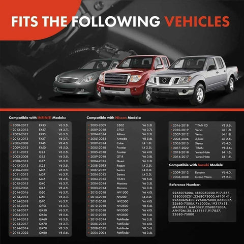 Image showing compatible vehicles for Plug And Play Mass Air Flow Sensor MAF Replacement for Nissan Altima Rogue Frontier Pathfinder and more.
