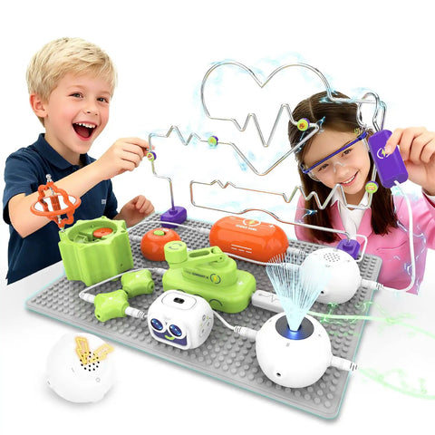 Kids using Hands On Electronics Exploration Kit For Kids With Over 300 Projects And 16 Circuit Parts Including Infrared Sensor Gyroscope Hand Crank Generator And RGB Light Modules A Premium Awesome STEM Toy Gift For Boys And Girls Ages 5 To 12 on a table