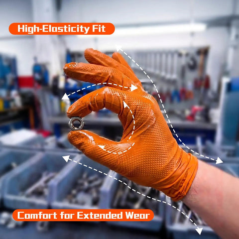 Heavy Duty 10 Mil Nitrile Gloves With Diamond Grip Latex Free Chemical Resistant Orange Disposable Mechanic Gloves For Oil, Automotive And Industrial Work Extra Large showing elasticity and grip on a nut.