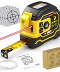 2-in-1 Laser Tape Measure, 197 FT Laser Distance Meter & 16 FT Tape with laser and tape extended for measurement.
