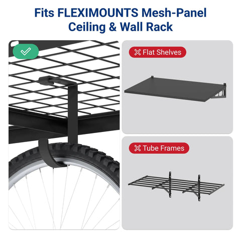 4 Pack Add On Storage Flat Hooks For Garage Ceiling Rack And Wall Shelving System attached to wire grid deck