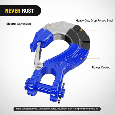 Blue Forged Steel Winch Hook Set 3/8 Inch Grade 70 Safety Latch Clevis Slip Hook with Cable Stopper shown with labels