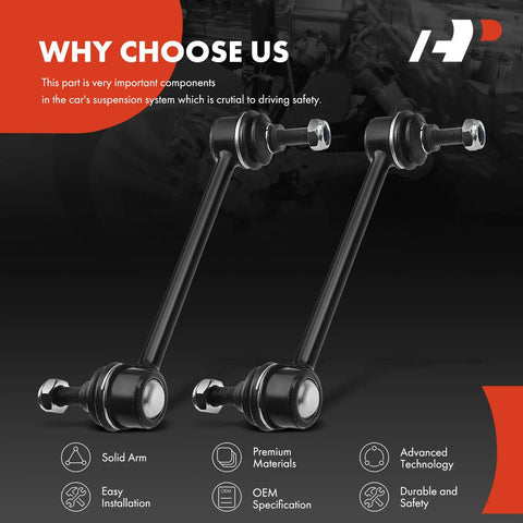 Two Rear Sway Bar Links Stabilizer Kit For Hyundai Sonata Kia Optima Chevrolet Impala Buick LaCrosse Regal Allure Century Intrigue Amanti Magentis Monte Carlo Oldsmobile Models Built Tough Easy Install Improves Handling And Stability displayed on promotional graphic with technical icons.