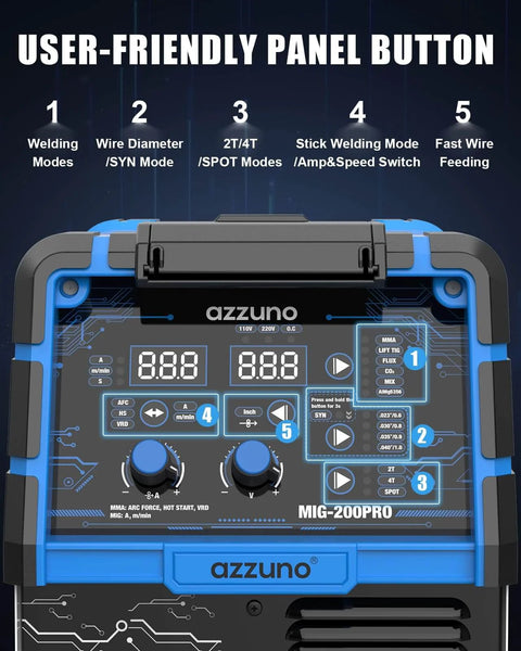 Control panel of 8 In 1 All In One Multiprocess MIG Welder For Home Shops 110V And 220V Dual Voltage With Aluminum MIG Spool Gun Ready