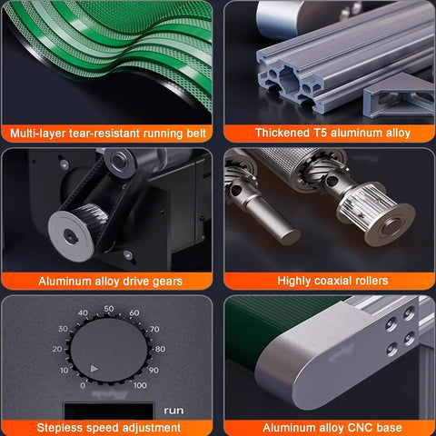 Composite image showing PVC Belt Conveyor With Adjustable Speed For Desktop Assembly Lines And Industrial Flat Transport details