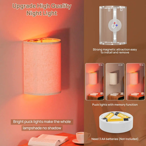 Magnetic Battery Operated RGB Wall Sconce Set Of 2 With Dimmable Remote and Fabric Linen Shade in warm light setting near bed