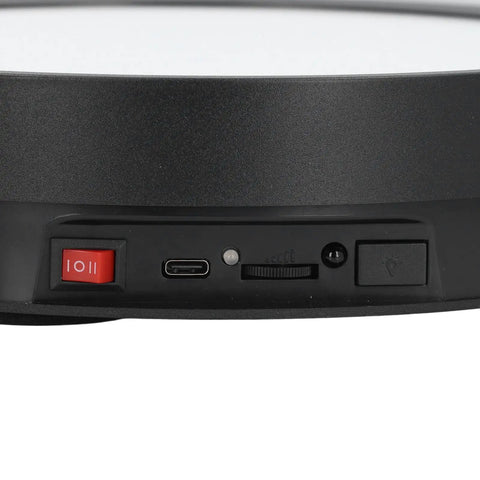 Huge 360 Degree Electric Rotating Turntable Stand With Remote Control And Adjustable Speed Plus Colorful LED Lighting For Pro Product Photography Videos And Live Streams Using USB Power with control buttons and USB port.