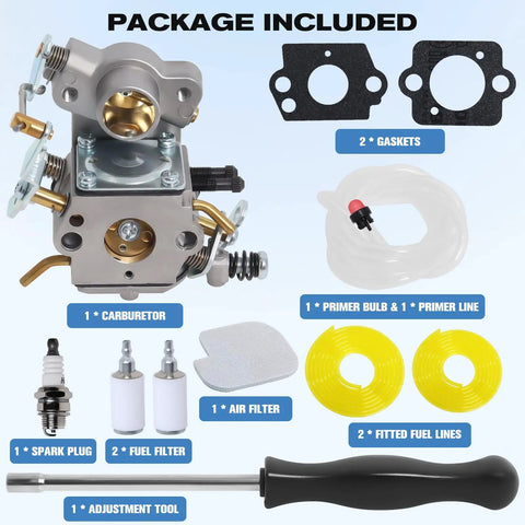 Carburetor Rebuild Kit For Poulan Pro Chainsaws And Craftsman 35cc 42cc Models Easy Install Complete Kit With Gaskets Fuel Line Filter Primer Bulb Spark Plug Adjustment Tool Walbro WT Compatible displayed with included components on a blue background.