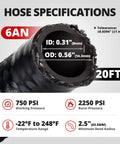 Close-up view of 6AN braided fuel line hose 20ft black with CPE inner layer, showing hose specifications and dimensions.