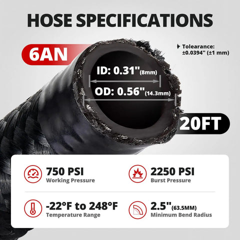Close-up view of 6AN braided fuel line hose 20ft black with CPE inner layer, showing hose specifications and dimensions.