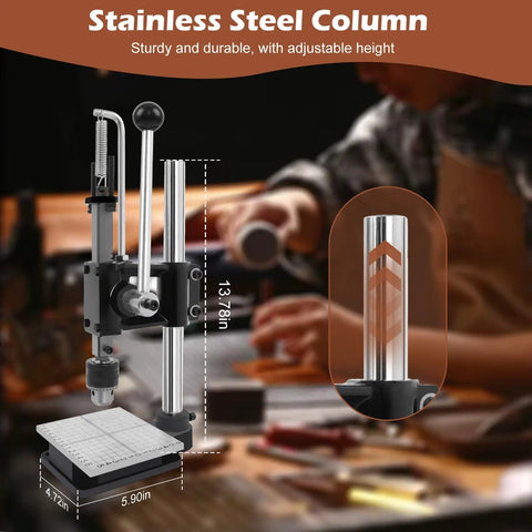 Stainless steel adjustable column drill press on wooden workbench with tool measurements and clear close-up detail view.