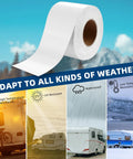 RV Roof Sealant Tape 4 Inch By 50 Foot Waterproof UV Resistant Sealant Tape For RV Repair Window Boat Sealing And Camper Truck Roof Leaks 2 Pack That Sticks Tight And Keeps Water Out shown with weather adaptability features.