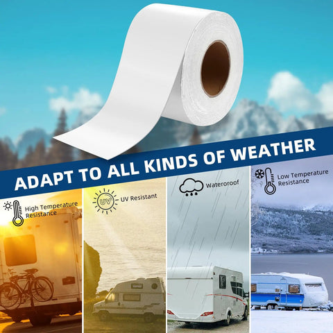 RV Roof Sealant Tape 4 Inch By 50 Foot Waterproof UV Resistant Sealant Tape For RV Repair Window Boat Sealing And Camper Truck Roof Leaks 2 Pack That Sticks Tight And Keeps Water Out shown with weather adaptability features.