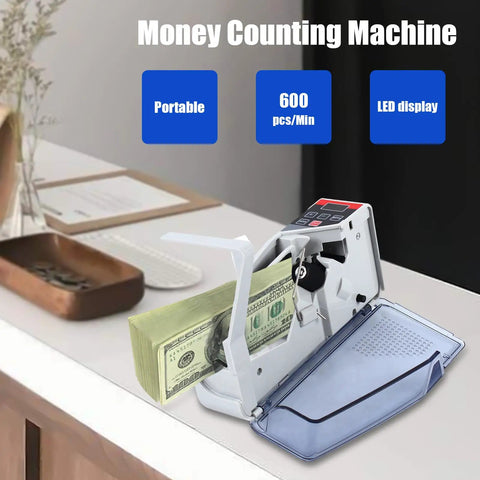 Portable Money Counter Machine With LED Display counts 600 bills per minute, shown on counter in retail setting.