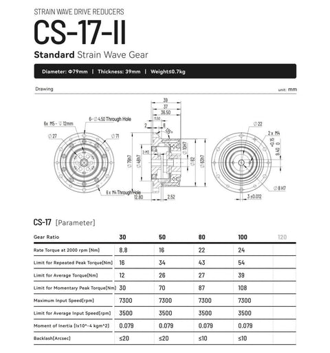 Technical drawing of Harmonic Drive CSF-17-II strain wave gear reducer for automation and stepper motor, diagram showing dimensions and parameters.