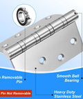 Heavy Duty Ball Bearing Door Hinges Set, 4x4 Inch Square, 304 Stainless Steel Brushed Finish, Non-Removable Pin, illustrated features