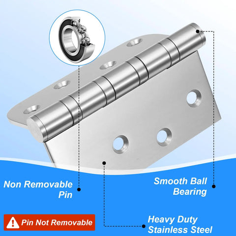 Heavy Duty Ball Bearing Door Hinges Set, 4x4 Inch Square, 304 Stainless Steel Brushed Finish, Non-Removable Pin, illustrated features