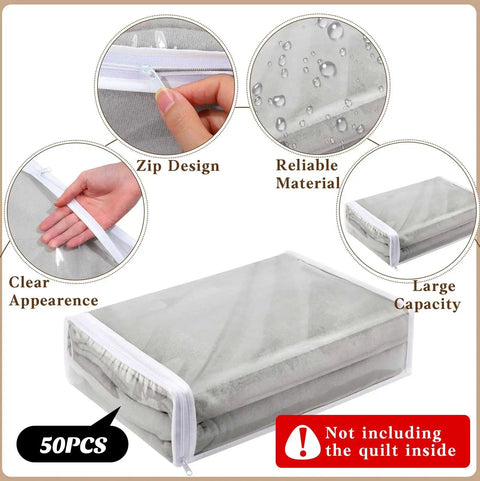 50 Pack Clear Zippered Storage Bags 15x11x4 Inches For Clothes Sheets Blankets Fabrics PVC Vinyl See Through Organizer Bags Durable And Easy To Seal Great For Home Storage showcasing design and material features