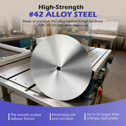 10 Inch Table Saw Calibration Plate And Sanding Disc Set with 18 PSA Sandpapers on a workbench, showcasing smooth alloy steel.