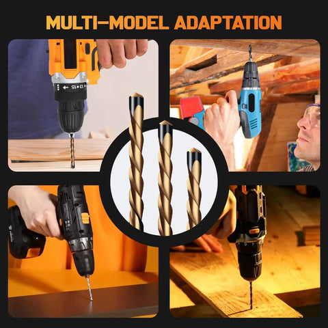 50 Pack Drywall Router Bits 5 32 Inch HSS Pilot Drill Bits shown in use with various power tools for cutting drywall.