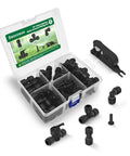 1/4 Inch Drip Irrigation Quick Connect Fittings Kit 52 Piece DIY Pro Grade Set with couplings, tees, and tubing cutter in box