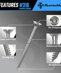 Heavy Duty 10 X 3 Inch Type 316 Marine Grade Stainless Steel Wood Screws With Torx T25 Flat Head features strong grip and no stripping.