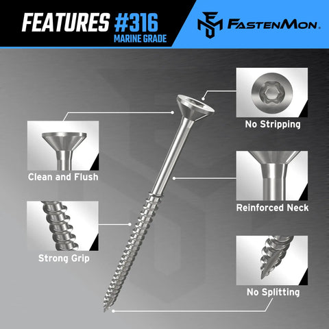 Heavy Duty 10 X 3 Inch Type 316 Marine Grade Stainless Steel Wood Screws With Torx T25 Flat Head features strong grip and no stripping.