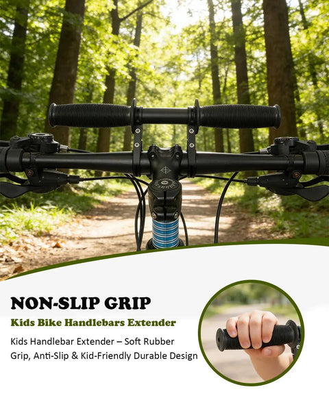 2-In-1 Kids Bike Handlebar Extender For Mountain Bikes And BMX in forest setting, focus on non-slip grip design