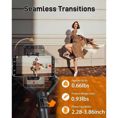 Woman captured mid-motion using ISteady V3 3 Axis Smartphone Gimbal With Magnetic AI Tracking Removable Remote