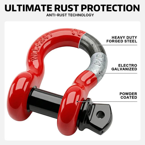 Beefed Up Heavy Duty D Ring Shackle Three Quarters Inch For Jeep And Truck Towing And Off Road Recovery, Drop Forged Steel, 45,000 Lb Breaking Strength, 4.75 Ton Tow Capacity, Screw Pin, Built For Trail Recovery And Heavy Duty Pulls. Red 3/4-inch D-ring shackle with screw pin and galvanized steel