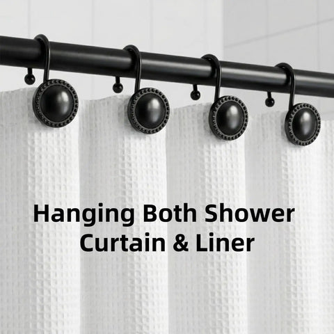 Heavy Duty Metal Shower Curtain Hooks 12 Pack, Rust-Resistant Zinc Alloy Circular Rings For Easy Glide shown on shower rod